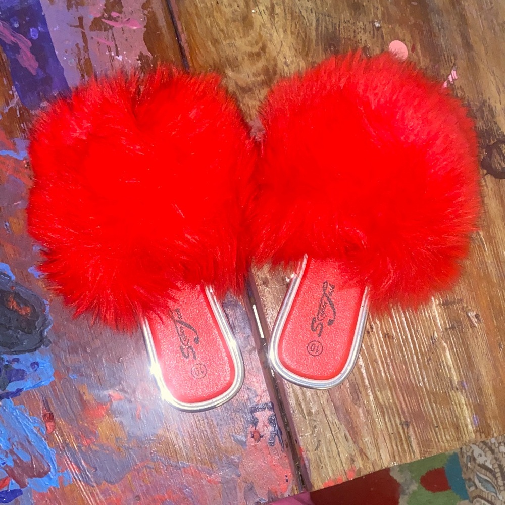 Vibrant Red Furry Kids Sandals